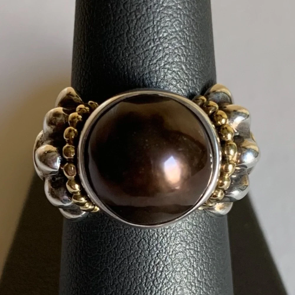 LAGOS SS and 18K gold caviar black mobe ring